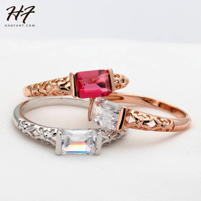 Simple Lady Style Imitation Red CZ Rings Rose Gold Color Fashion Brand Retro Crystal Jewelry For Women Xmas Gift R367 R368