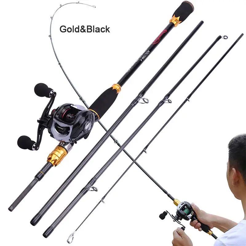 Sougayilang 4 Section Carbon Portable Fishing Rod with Baitcasting Reel Combo for Boat Sea Freshwater Travel Bass Carp Fishing