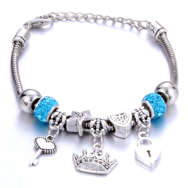 Antique Original Crown key lock Shape 6 colors Charm Bracelets For Women Glass Beads Brand Bracelet & Bangle DIY Jewelry Gifts 0001BE