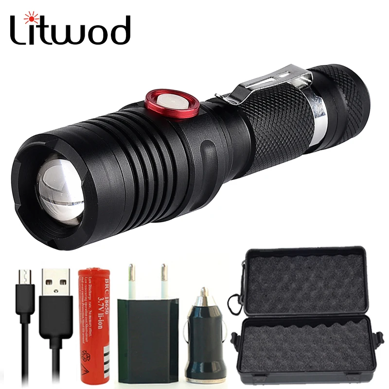 

Litwod Z20 Micro USB rechargeable LED flashlight torch 8000 LM XM-L2 U3 Zoomable 18650 battery switch ON OFF hunting light