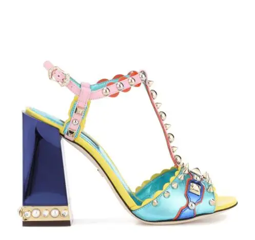 Top Summer Girl 2018 Rainbow Sandals Gladiator Shoes Thick Heeled Ladies Party Shoes Studs Straps Female Wedding Party Dress Sandals 3