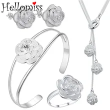 Fashion Silver Jewelry Sets for Women Flower Pendant Necklace+Earrings+Bangle 3 Pcs Costume Jewelry Set Women Accessories Bijoux dazz special design lily flower shape wide bangle ring sets three tones color copper jewelry set full rhinestones wedding bijoux