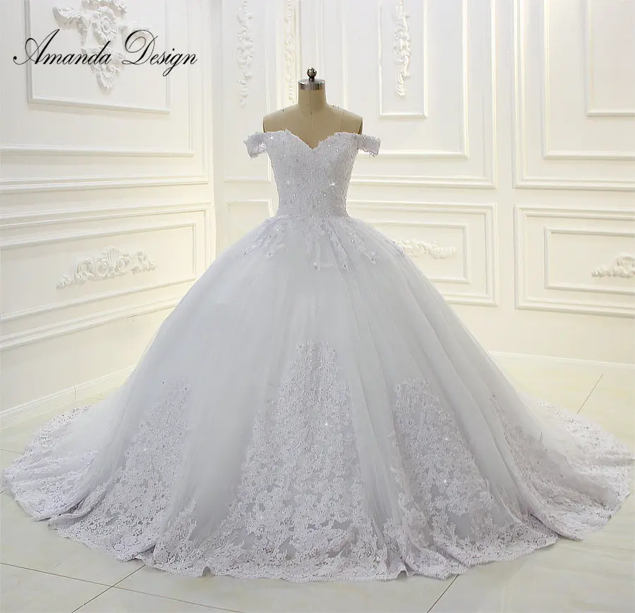 

Off the shoulder short sleeves luxury long train wedding dresses 2019