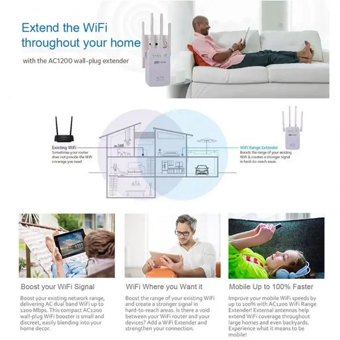 Беспроводной перекрестный настенный роутер 1200 м двухдиапазонный Wifi мини Улучшенный высокомощный ретранслятор GHS99