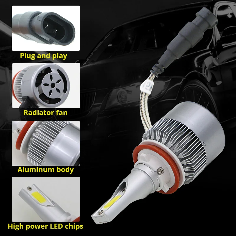 Edislight 72 Вт 7600LM Высокая мощность COB H11 Светодиодный комплект фар лампы ближнего