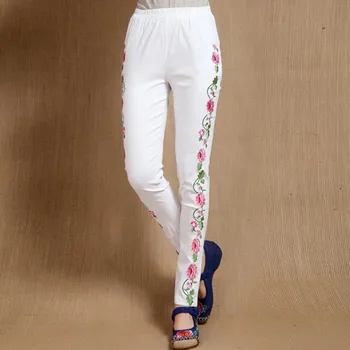 

elastic waist pants women embroidered cotton and linen casual long pants women