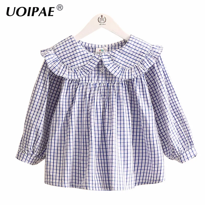 UOIPAE Детские рубашки для девочек осень 2018 Повседневное Плед простой Блузка для девочек с длинными рукавами однотонная детская одежда B0427