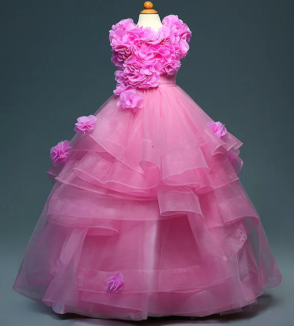 Cheap Girls Pink Dress Ball Gown Stage Performance Long Dress 2-16 Age Kids Princess Party Dress Flower Girls For Wedding Dresses