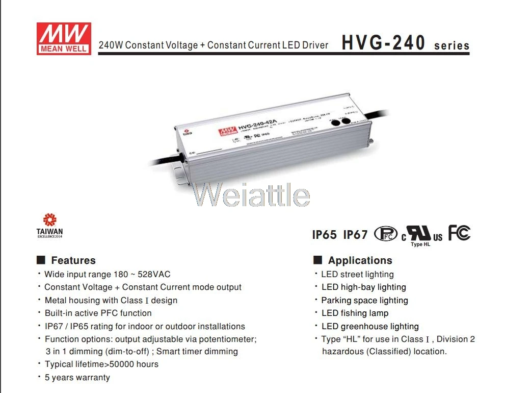 

MEAN WELL original HVG-240-36B 36V 6.7A meanwell HVG-240 36V 241.2W Single Output LED Driver Power Supply B type