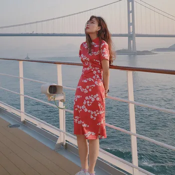 

2018 Autumn Fashion Vintage Chinese Style Dress Red Cherry Blossom Print Short Sleeve Long Cheongsam Dress