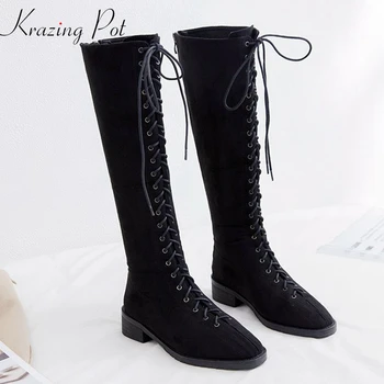 

Krazing Pot 2019 flock lace up round toe metal rivets cross-tied riding boots gladiator women keep warm over-the-knee boots L95