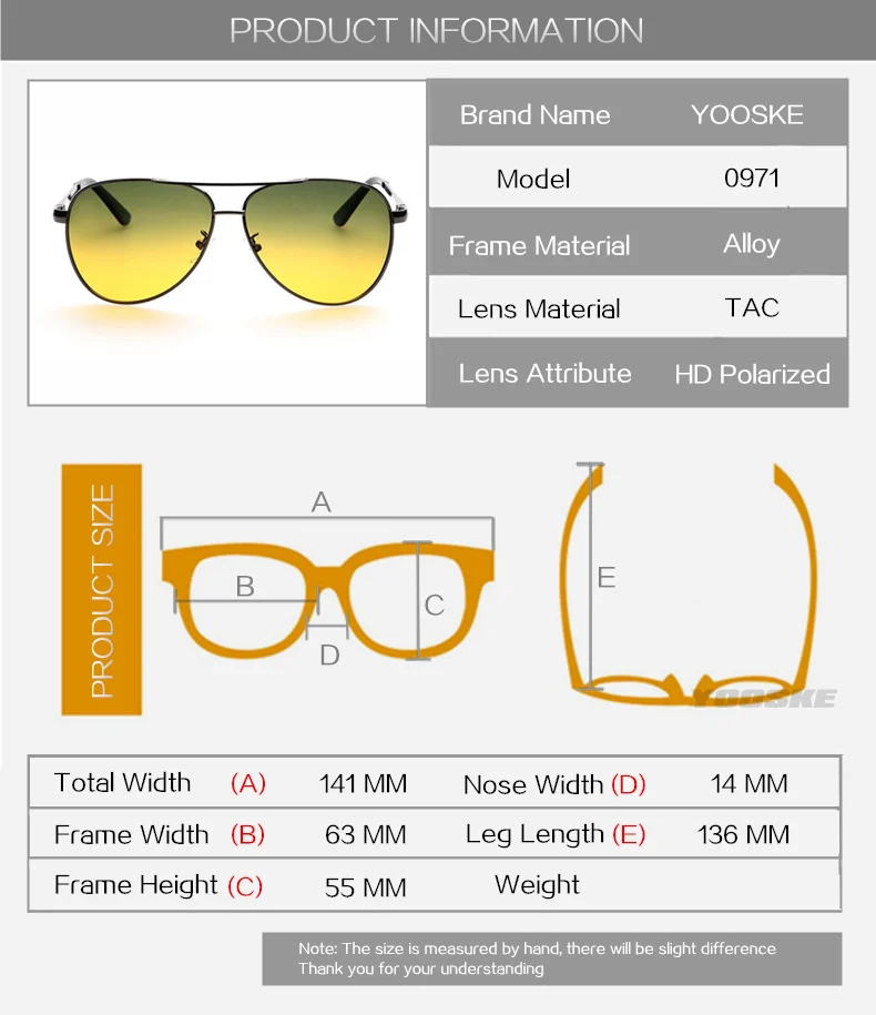 YOOSKE, классические очки пилота, день, ночное видение, солнцезащитные очки для мужчин и женщин, очки, UV400, водительские, для ночного вождения, солнцезащитные очки
