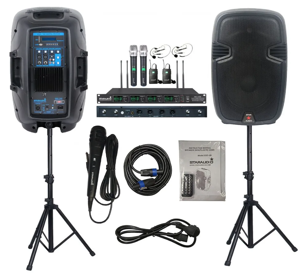 STARAUDIO 2Pcs 12" 2000W Powered PA DJ BT SD Speakers Stands Cable Wire