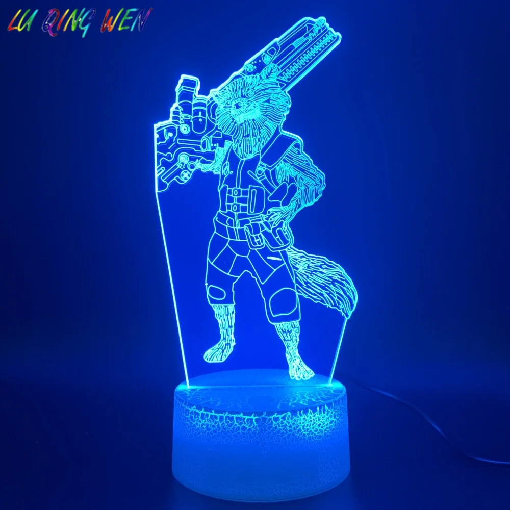 3d Led Night Light Лампа Marvel Superhero Ракета Енот Рисунок Home Decor Яркая База Подарок На