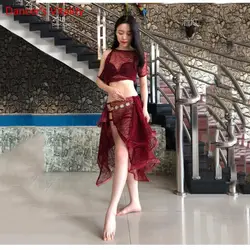 2018 г. новые кружевные живота Танцы костюм топ и юбка комплект новая модель Для женщин живота Танцы одежда для сцены одежда кружевная юбка