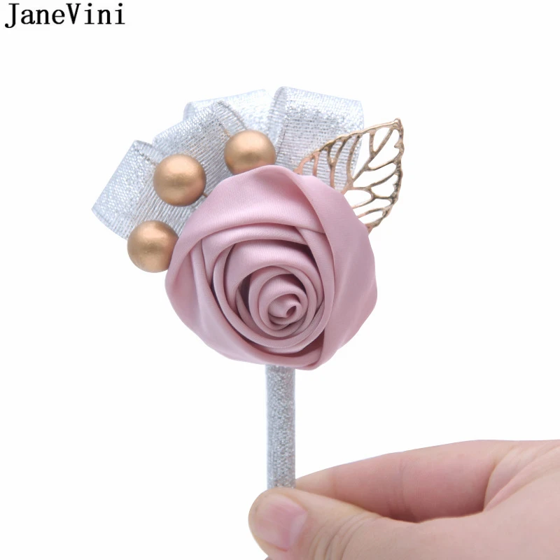 

JaneVini 2018 Charming Artificial Satin Rose Flower Boutonniere for Men Graduation Party Corsage Accesesorios Para El Novio Boda