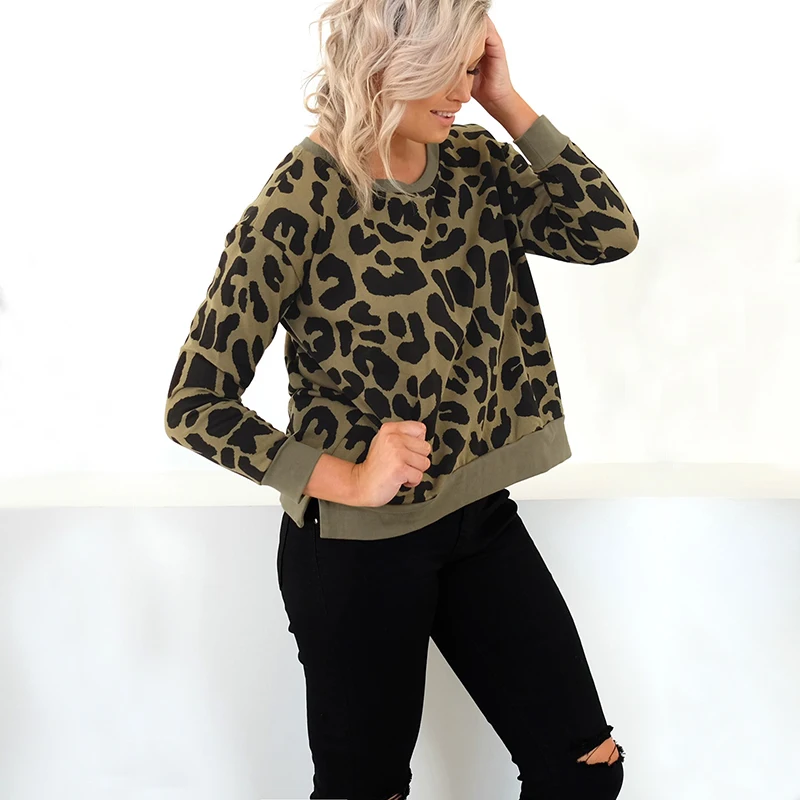Leopard Long sleeve Womens T shirt O neck casual Tops And Tee Leopard