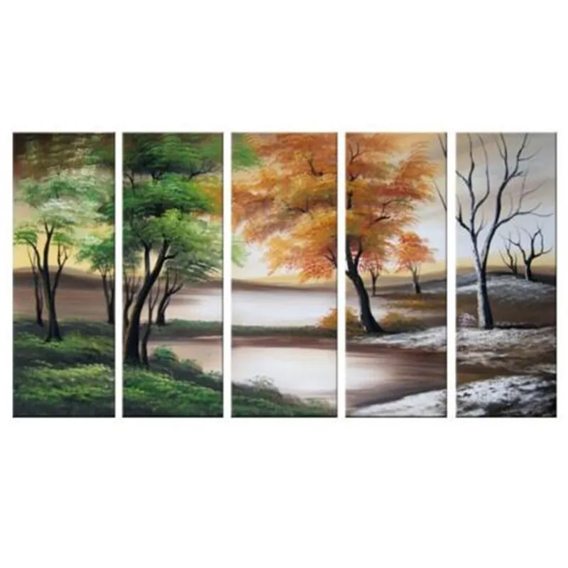 

High Quality 5 Panel Wall Painting Pictures Arts Handpainted Abstract Trees Landscape Oil Paintings on Canvas Large Home Decor