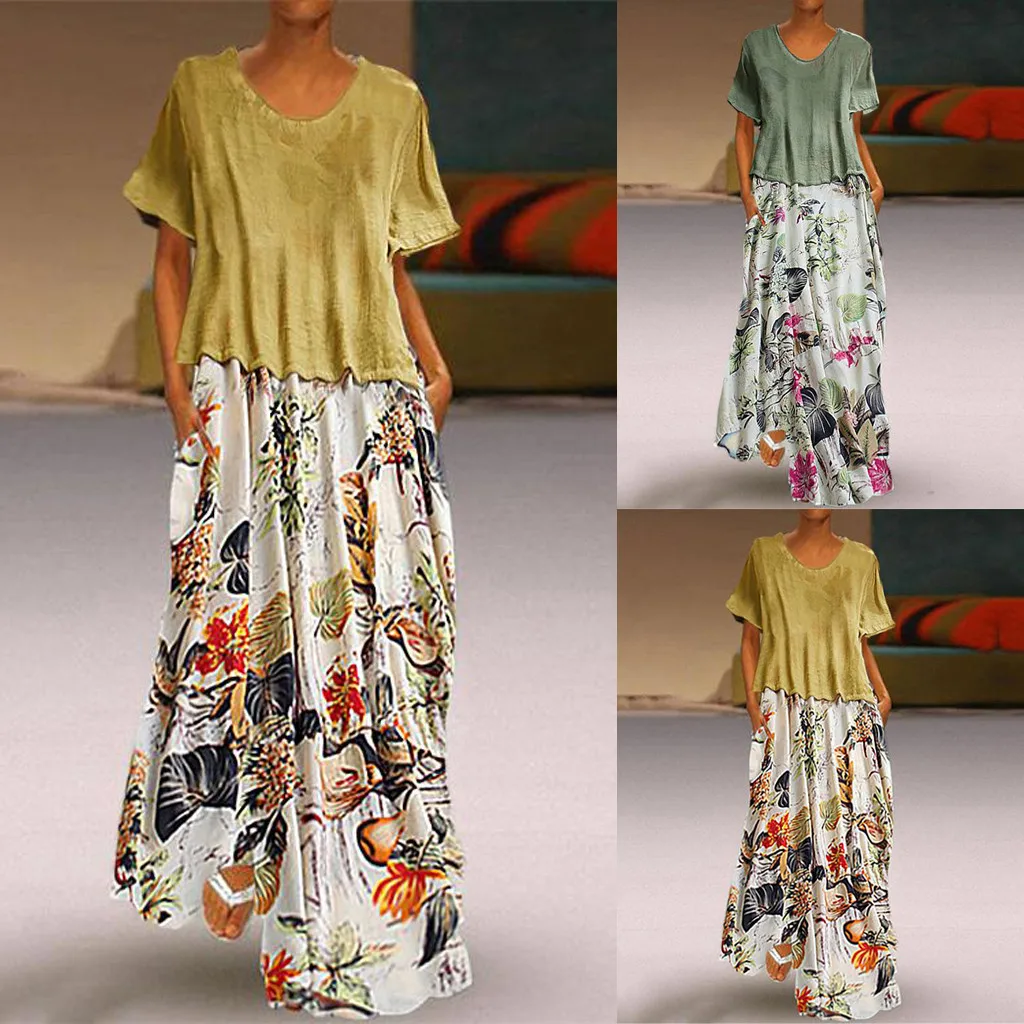 

Fashsiualy dresses woman party night long dress Floral Print O-Neck Short Sleeve Dress Two Pieces Plus Size Pockets Maxi Dress