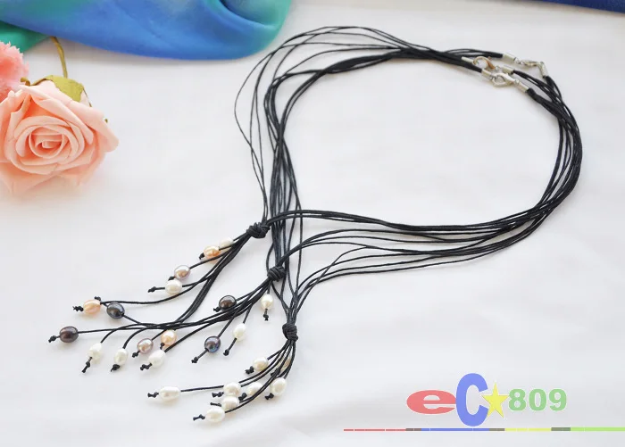 

>@@@@@ wholesale 4row 21" rice freshwater pearl leather necklace 3pcs a -Top quality free shipping