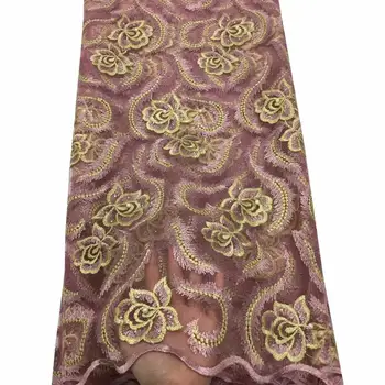

Latest Popular Designs pink Gold Fabric 5 Yards African Lace Fabric High Quality indian silk George lace fabric beads wedding