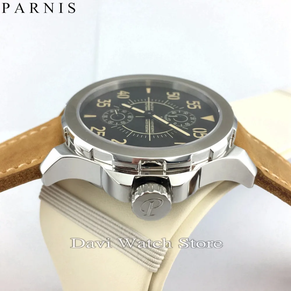 44 мм Parnis Серебряный чехол светящиеся стрелки циферблат кожаный ремешок powerstorve автоматические мужские наручные часы