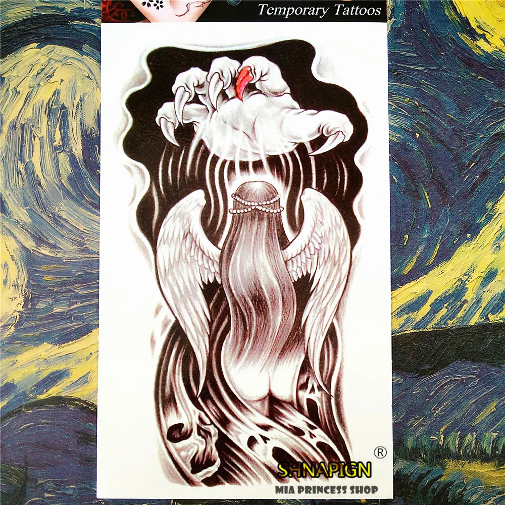 

SHNAPIGN Black Angel Lucifer Temporary Tattoo Body Art,12*20cm Flash Tattoo Stickers,Waterproof Fake Tatoo Henna Wall Sticker