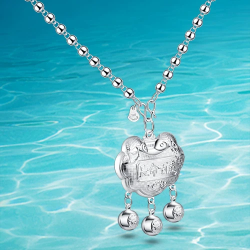 

925 genuine solid pure silver jewelry ;Lock Pendants necklaces for women, holiday long bead chain necklaces clothing accessories