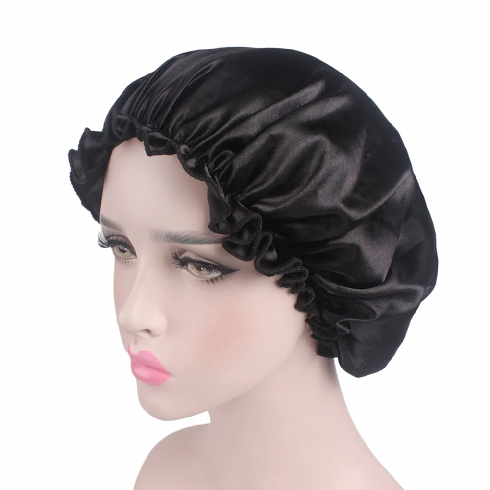 Новинка, 58 см, эластичная модная женская шапочка для душа, s Stain, ночная шапочка для сна, шапочка для душа, s Hair Bonnet, шляпа, шелковая Крышка для головы, широкая эластичная лента - Цвет: black