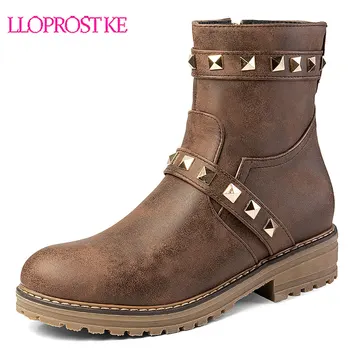 

Lloprost ke Fashion Rivet Punk Ankle Boots for Women Western Retro Booties Round Toe Thick Heel Boots Woman Winter Boots H486
