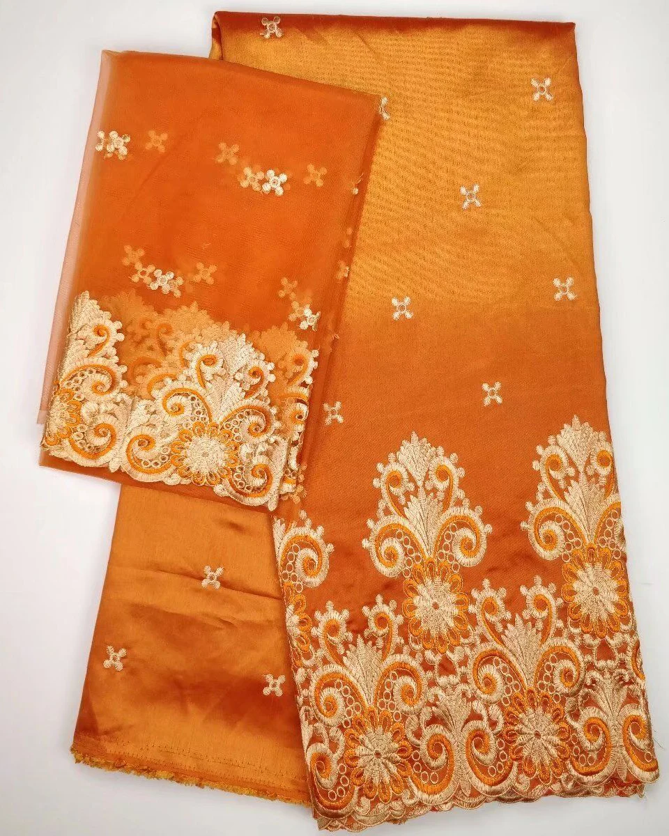 

Fancy Embroidery Sequins George Lace Fabric / orange African Wrapper Lace Fabric For Modern Dresses