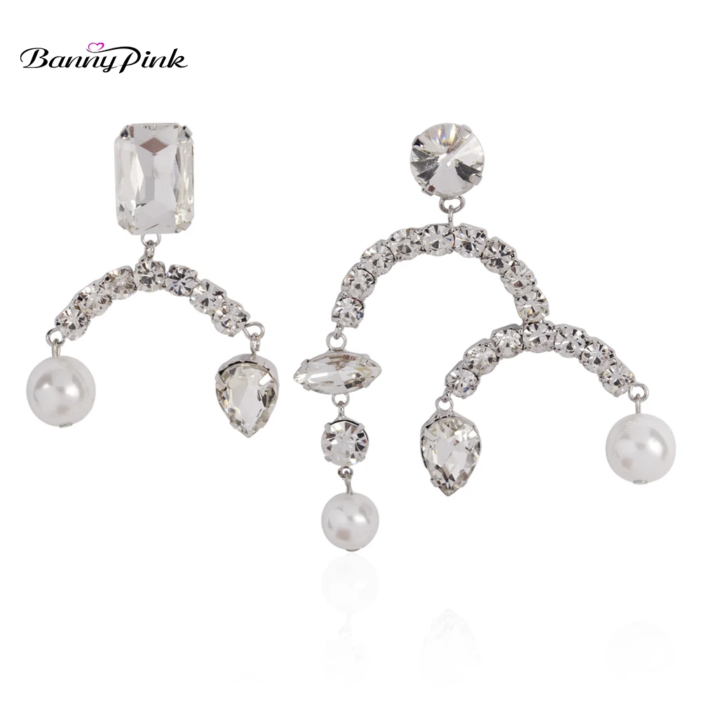 Banny Pink Asymmetric Crystal Geometric Stud Earrings For Women Party Rhinestone Imitation Pearl Statement Post Brincos | Украшения и