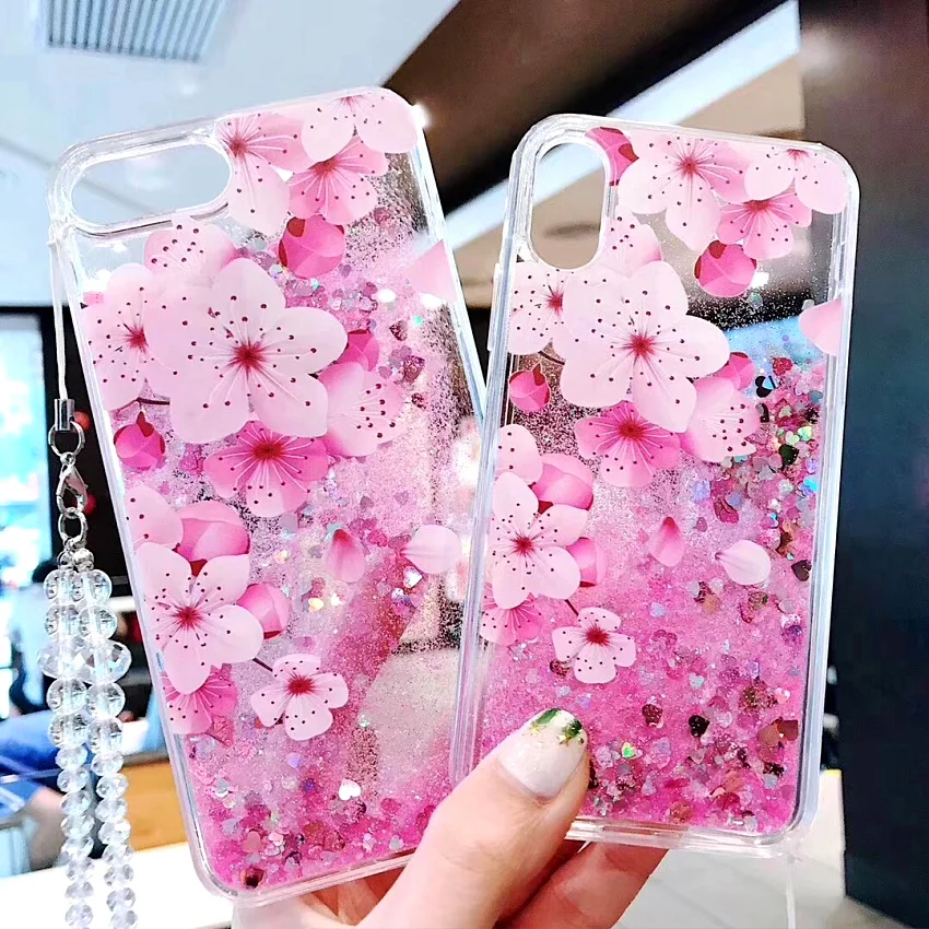 PINK LIPS Luxury Glitter Quicksand Peach blossom Case For iphone  XR X XS Max 6 6S 7 8 Plus Flower Liquid Case With Crystal rope (7)