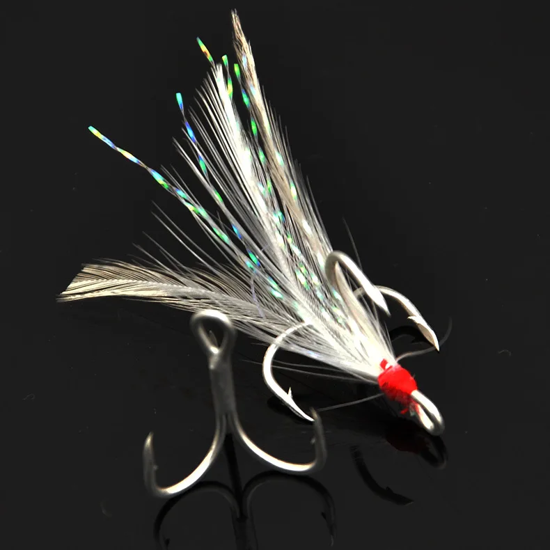 10pcs/lot 4#/6#/8#/10# China made high carbon feather triple hook attach with feather fishing hook winter fishing tackle