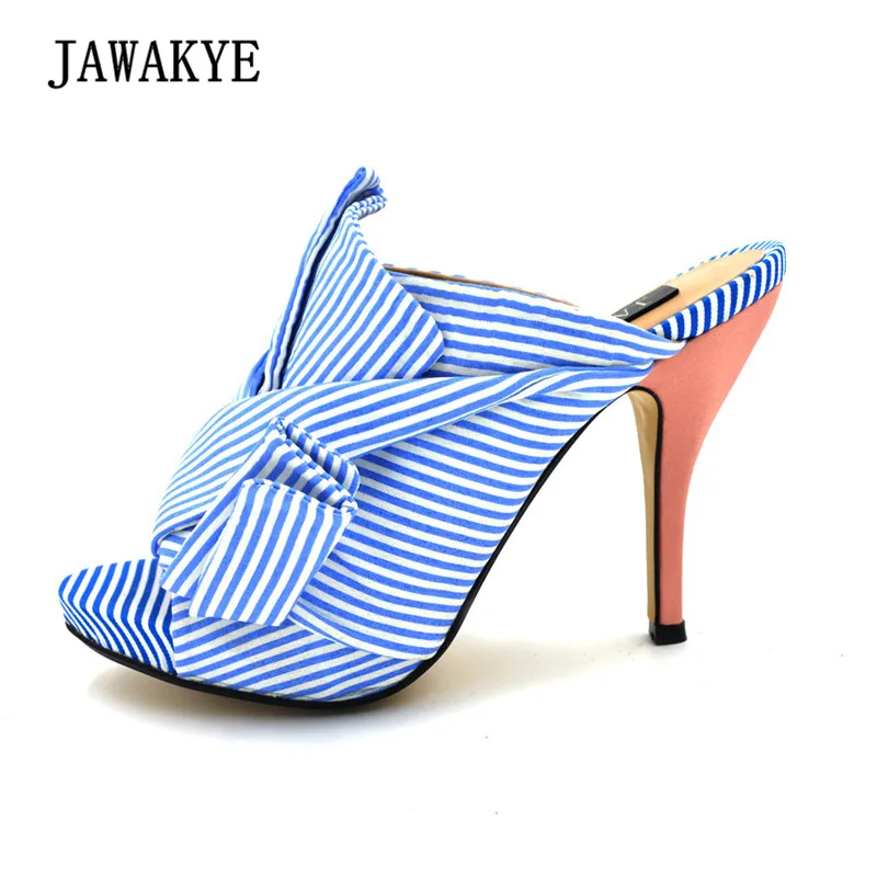 

JAWAKYE Luxury Satin Gladiator Sandals Woman Open Toe Butterfly Bow High Heel Shoes Women Sexy Muller Slipper 2018