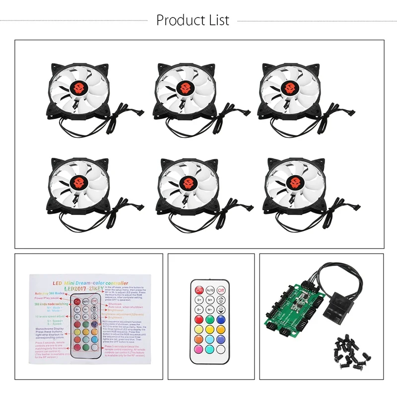 

6PCS RGB Adjustable LED Cooling Fan 120mm With Controller Remote For Computer High Quality Computer Cooling Cooler Fan For CPU
