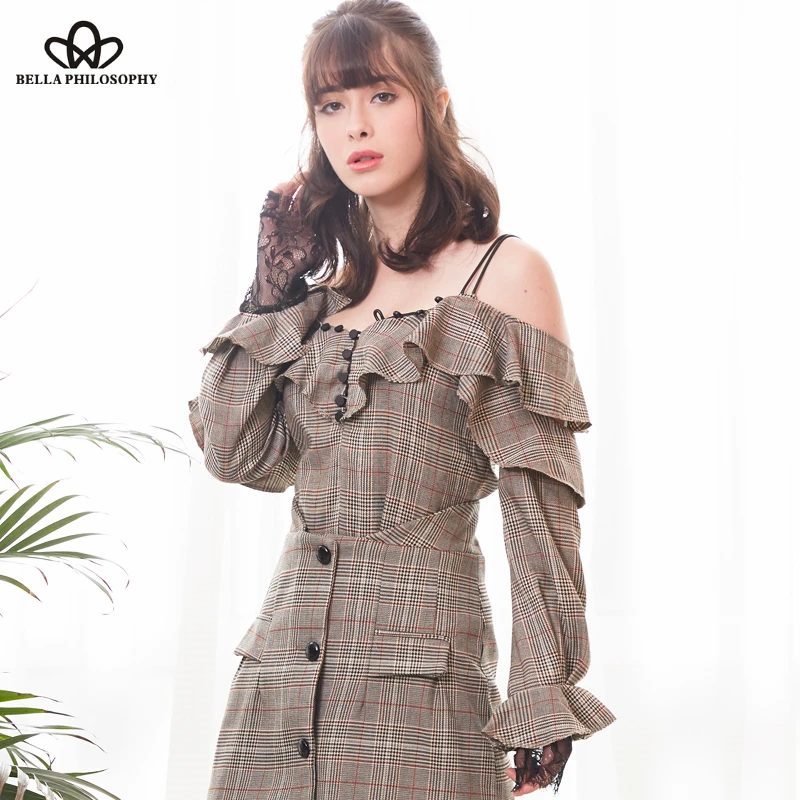 

Bella Philosophy 2018 new spring women plaid shirts button vintage flounced shoulder straps short shirts fashion sexy shirt tops