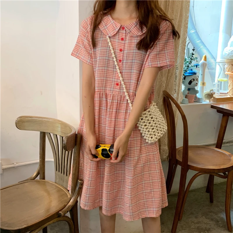 

Summer Office Beach Doll Collar Plaid Dress Shirt Women's Lovely Dresses Ins Chic Kawaii Girl Sweet Harajuku Clothes For Women