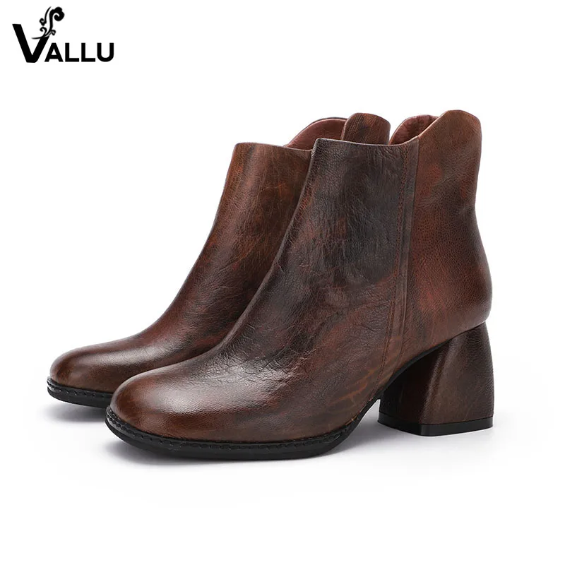 

2018 VALLU Natural Leather Shoes Women Ankle Boots Block Heels Round Toes Handmade Vintage Side Zipper Ladies Boots