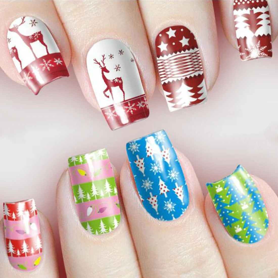 Christmas Elk Water Decals Feliz Navidad Nail Sticker 12 Sheets Snowman