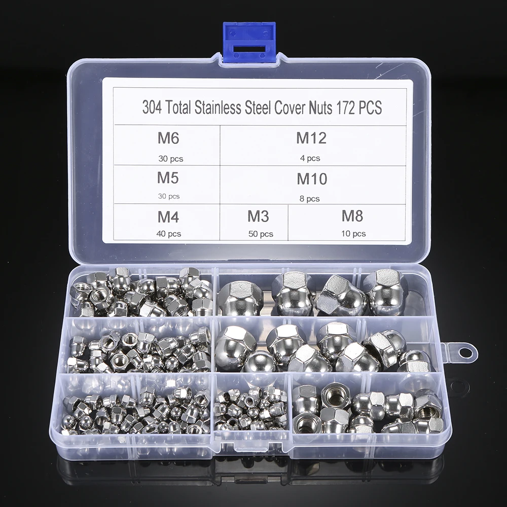 

172Pcs Rust-resistant Nuts 304 Stainless Steel Cap Nut Set DIN1587 M-3/M-4/M5/M6/M-8/M-10/M12 High Hardness Nuts Hot Sale