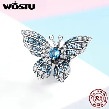 

WOSTU 925 Sterling Silver Butterfly Beads Blue Zircon Charm Fit Original Bracelet Pendant For Women Silver 925 Jewelry FNC061