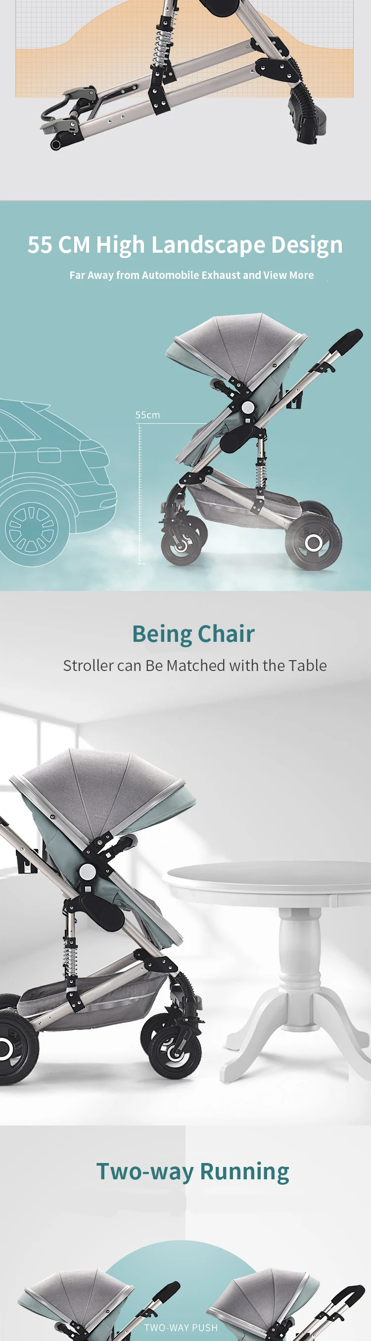0-3 years old Age Group and CE Certification Multifunctional 3 in 1 High Landscape  Baby Stroller Aluminum Alloy Frame