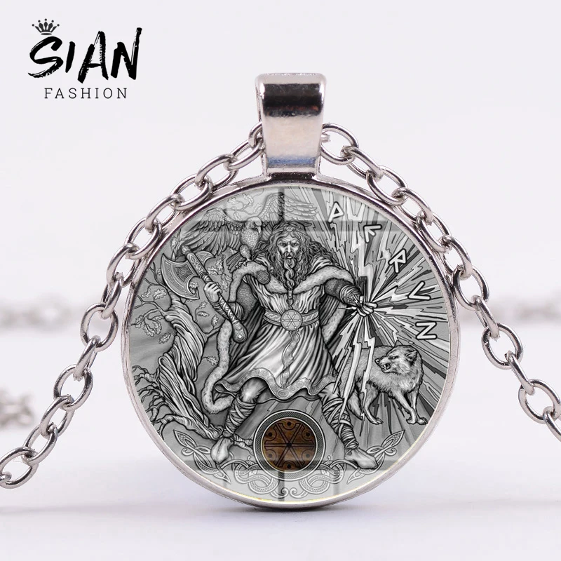 

SIAN Slavic Thundermarks Pendant Necklace Slavic Thundermarks of Perun Pattern Glass Cabochon Long Necklace Men Adjustable Chain