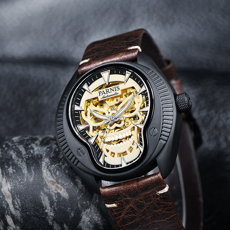 

PARNIS 43mm Mechanical Automatic Self Winding Men's Watches Skull Skeleton Luminous Dial Sapphire Crystal Leather Band Men Watch
