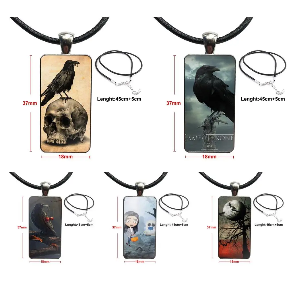 

For Girls Gift Necklace With Steel Plated Glass Cabochon Choker Long Pendant Rectangle Necklace Crow Sat On The Skull And Raven