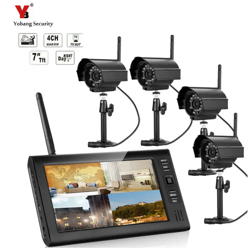7" LCD Monitor Home Security 4 Camera System 2.4G Wireless Quad SD