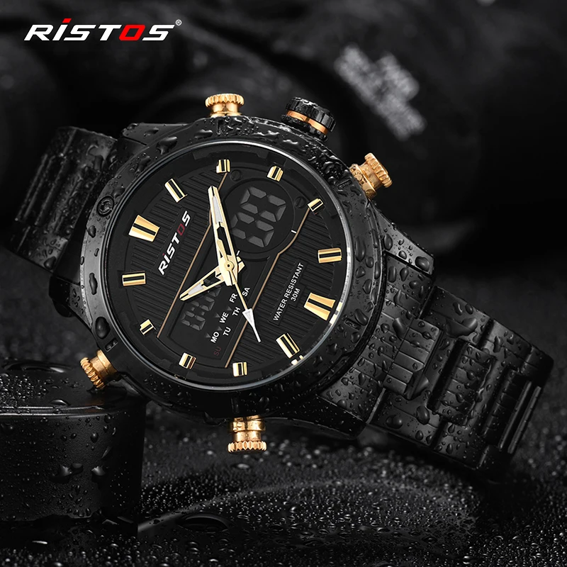 Ristos Военная Униформа многофункциональный хронограф Для мужчин спортивные часы черный Нержавеющая сталь мужской часы Повседневное мужские часы, наручные часы с механизмом, мужские часы