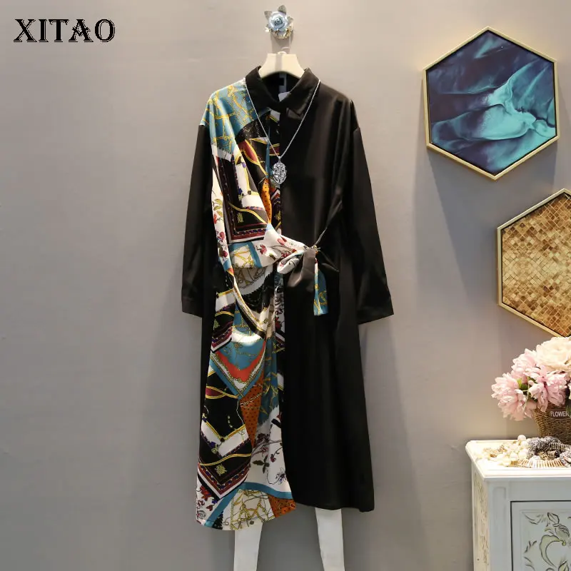 

[XITAO] 2019 New Europe Casual Loose Print Patchwork Full Sleeve Button Turn-down Collar Fashion Summer Mid-calf Dress DLL3133