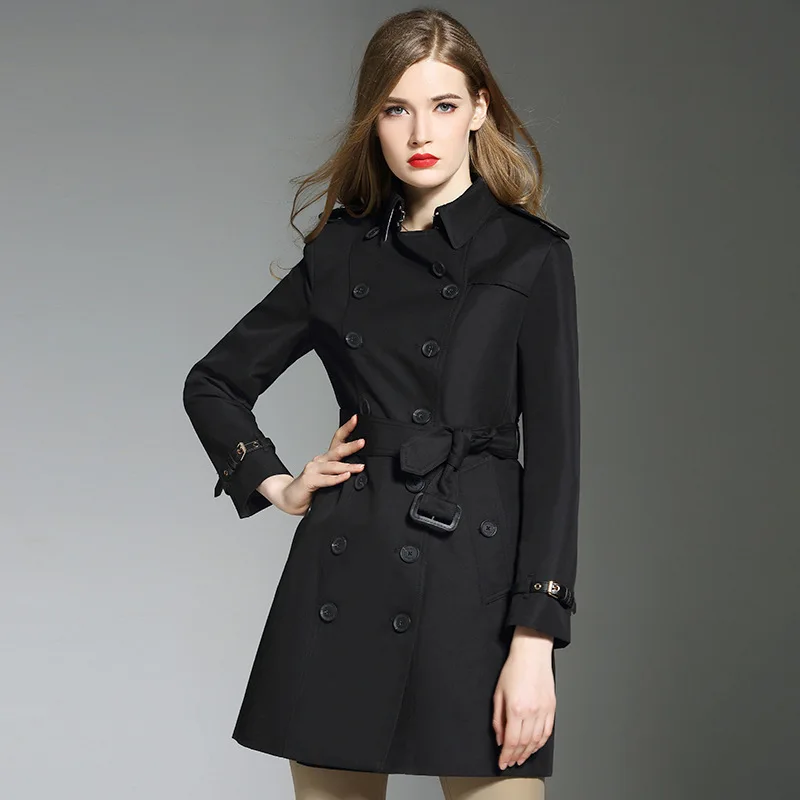 England style women's black Trench coats New 2018 autumn runway double ...